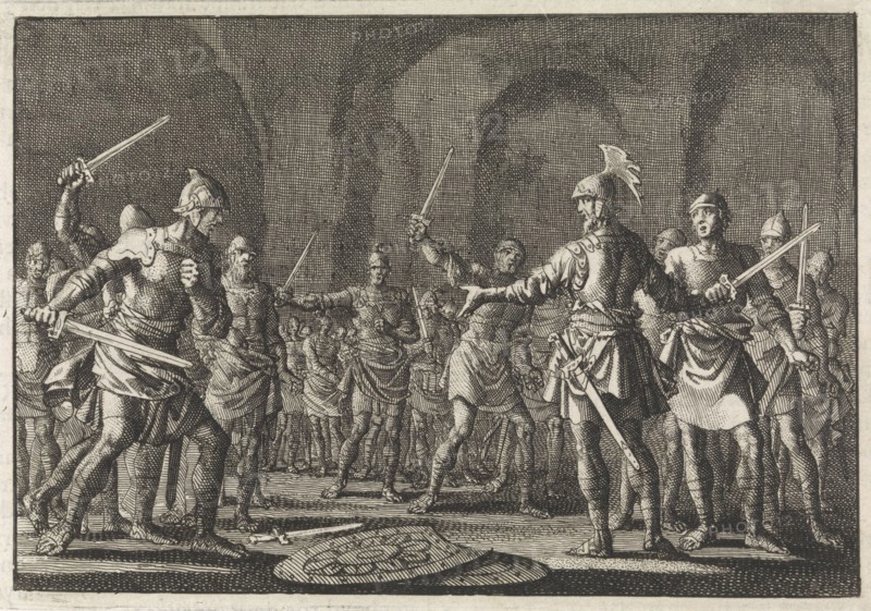 Josephus after conquering Jotapata with 40 companions in a cave, Jan Luyken, Pieter Mortier, 1704