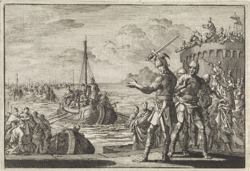 Josephus orders Klitus to cut off his left hand, print maker: Jan Luyken, Pieter Mortier, 1704