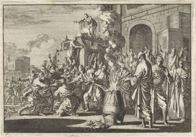 Battle between Jews and Greeks in front of the synagogue in Caesarea, Israel, print maker: Jan Luyken, Pieter Mortier, 1704