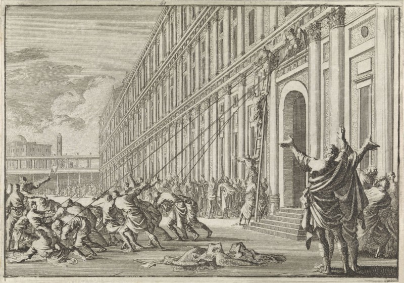 The golden eagle of Herod is torn off the temple by people with ropes, print maker: Jan Luyken, Pieter Mortier, 1704