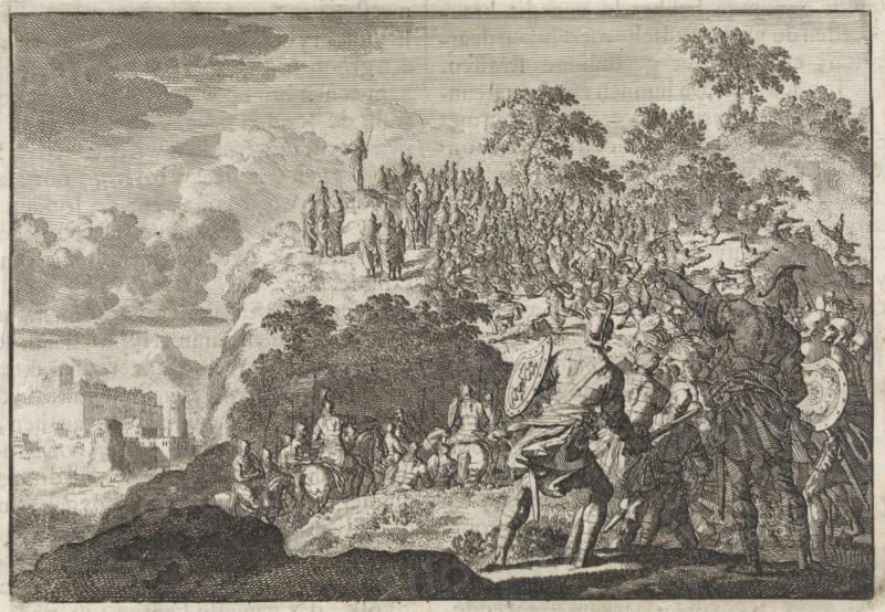 People of governor Felix attack a crowd on the Mount of Olives, Jan Luyken, Pieter Mortier, 1704