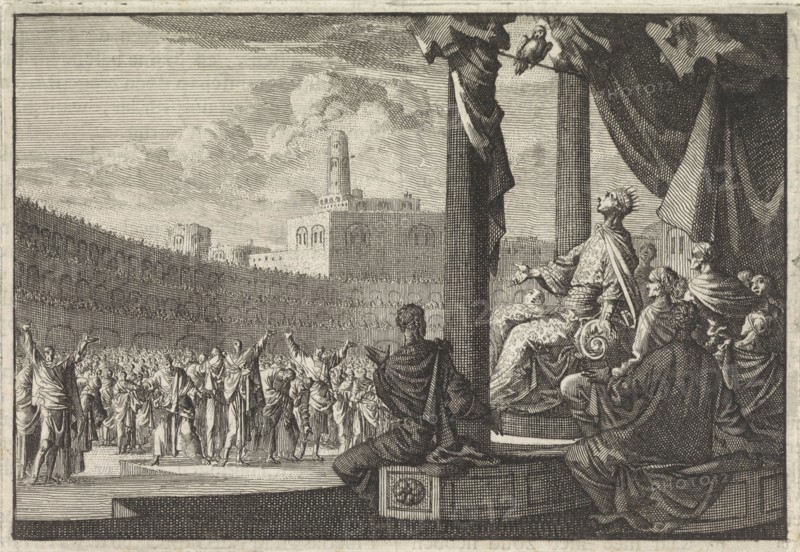 King Agrippa sees an owl above his throne, print maker: Jan Luyken, Pieter Mortier, 1704