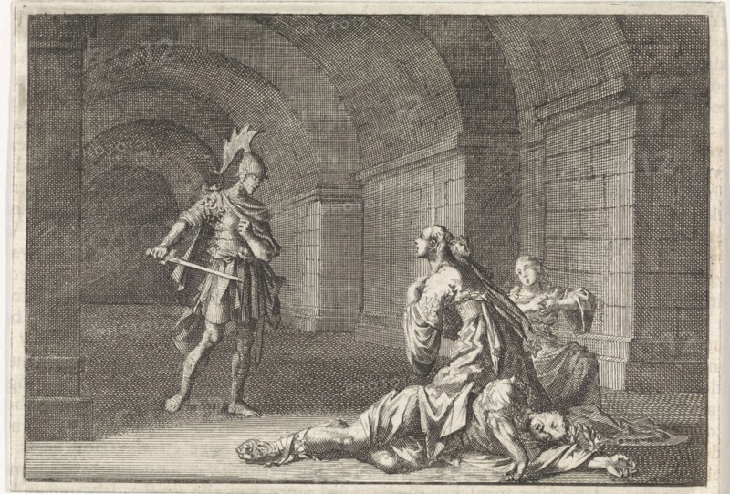 Caesonia and her daughter slain by Lupus, Jan Luyken, Pieter Mortier, 1704