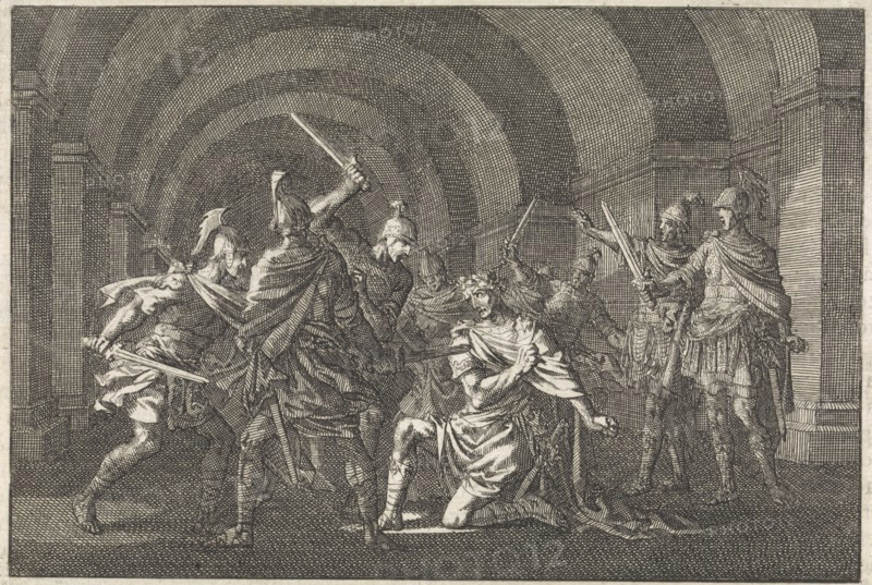 Emperor Caligula attacked in a vault by an armed gang and killed, Jan Luyken, Pieter Mortier, 1704