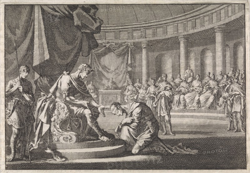 Archelaus, son of Herod, kneels before Caesar Augustus in Rome, Jan Luyken, Pieter Mortier, 1704