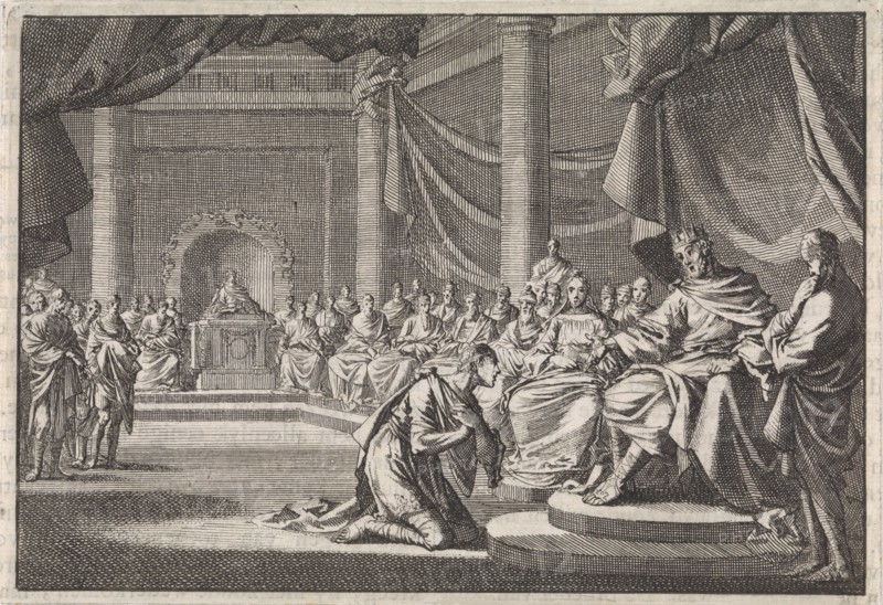 During a meeting Antipater kneels before his father Herod, Jan Luyken, Pieter Mortier, 1704