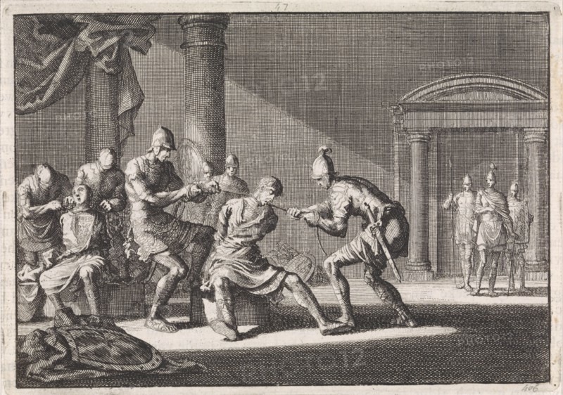 Aristobulus IV strangled in prison, Jan Luyken, Pieter Mortier, 1704