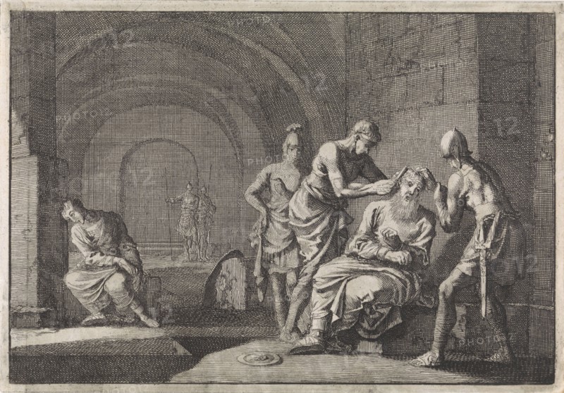 Hyrkanus' ears cut off in jail, Jan Luyken, Pieter Mortier, 1704