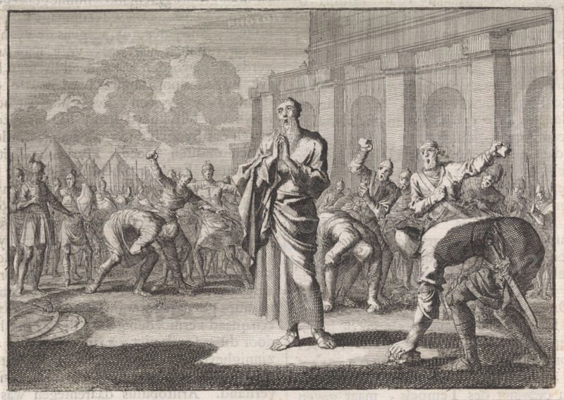 Onias stoned by Jews, Jan Luyken, Pieter Mortier, 1704
