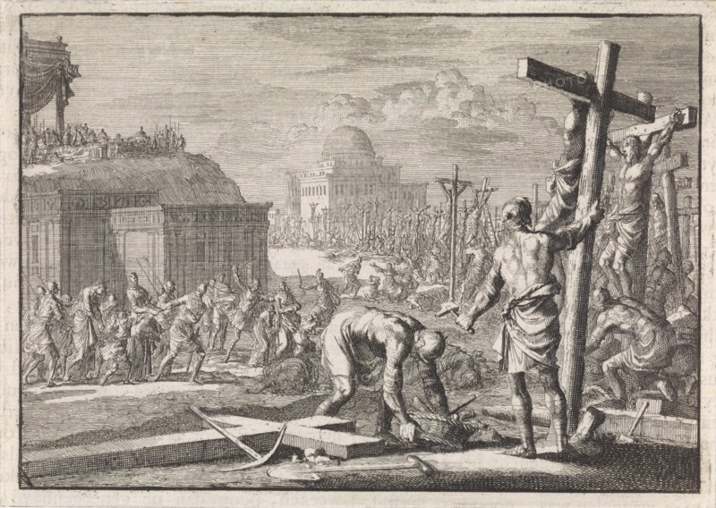 John Alexander, prince of the Jews, lets people be crucified who have turned against him, Jan Luyken, Pieter Mortier, 1704