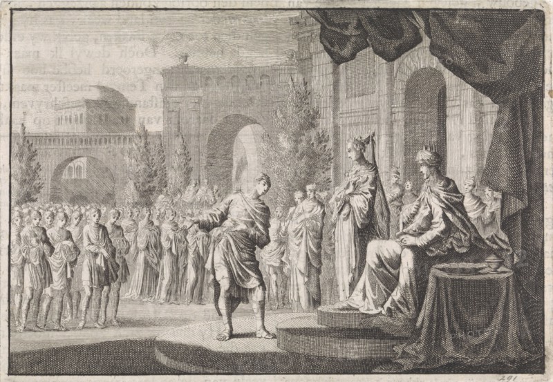 Hyrkanus before the throne of Ptolemy Philadelphus, Jan Luyken, Pieter Mortier, 1704