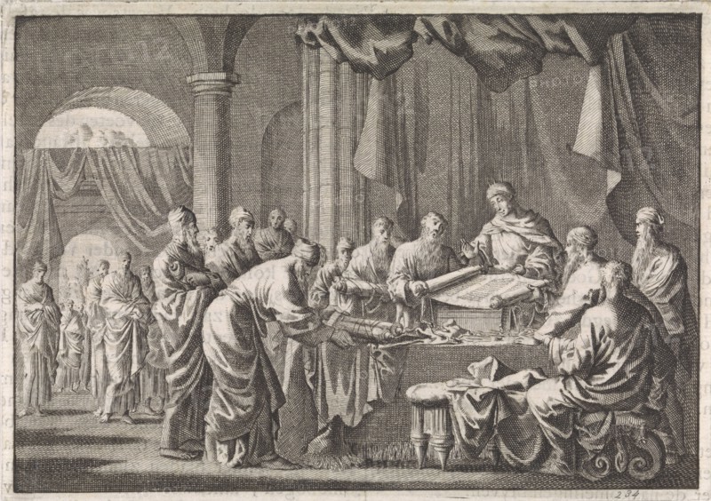 Meeting of the 72 translators of the law on the orders of King Ptolemy Philadelphus, Jan Luyken, Pieter Mortier, 1704