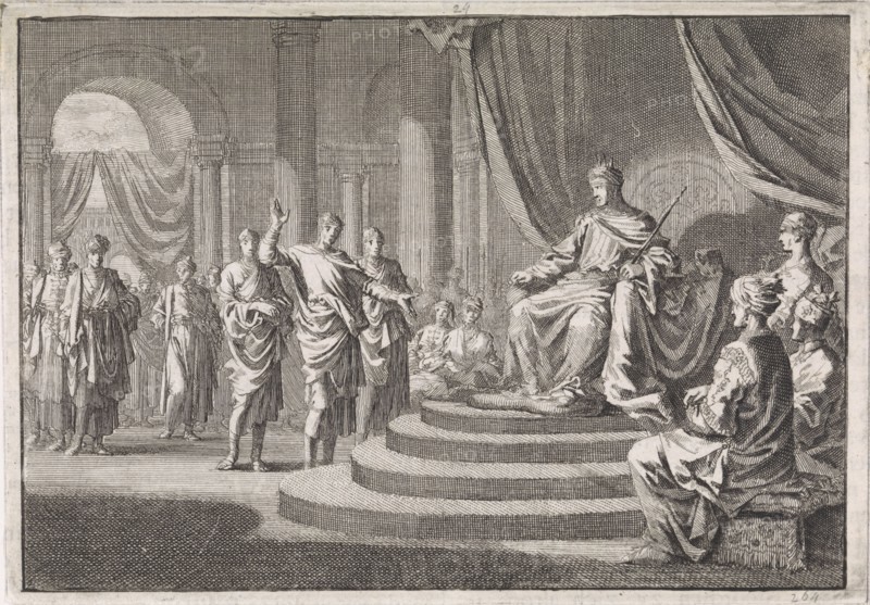 Zerubbabel for Darius, Jan Luyken, Pieter Mortier, 1704