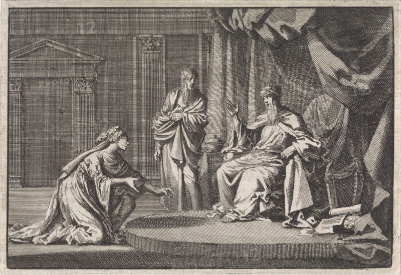 Bathsheba kneels for David, Jan Luyken, Pieter Mortier, 1704