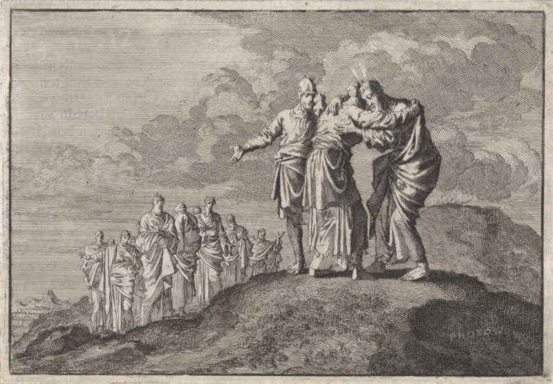 Moses says goodbye to Eleazar and Joshua, Jan Luyken, Pieter Mortier, 1704