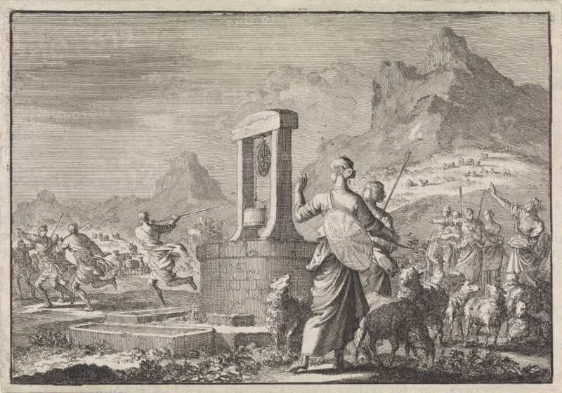 Daughters of Reuel at the well, Jan Luyken, Pieter Mortier, 1704