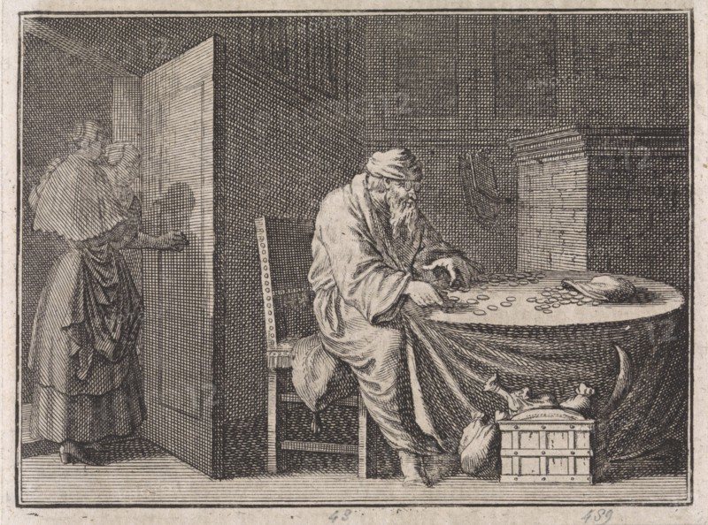 Joannes Coaxa counts his borrowed money, Caspar Luyken, Christoph Weigel, 1704