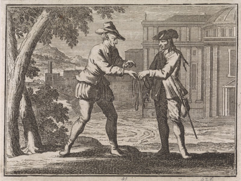 Devil handing a piece of string to a nobleman who has become poor, Caspar Luyken, Christoph Weigel, 1704