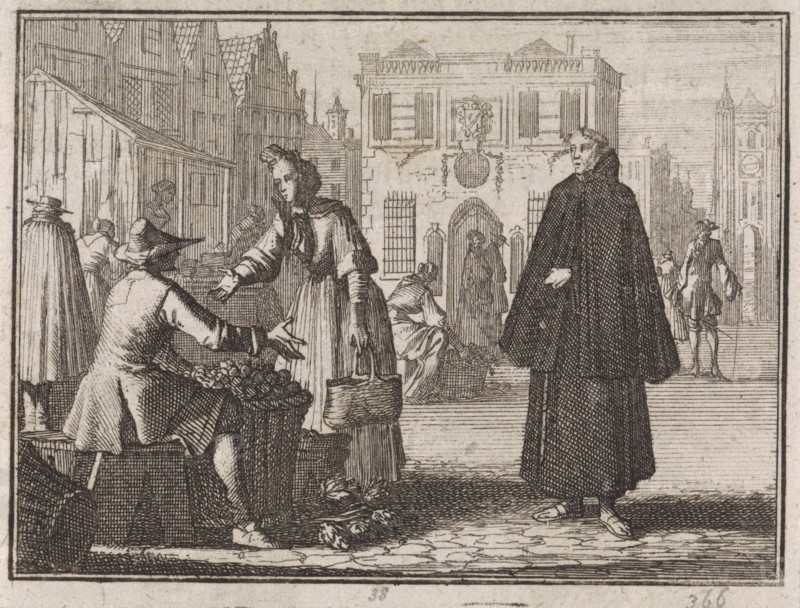 Francis a Jesu sells fruit on a market, Caspar Luyken, Christoph Weigel, 1704