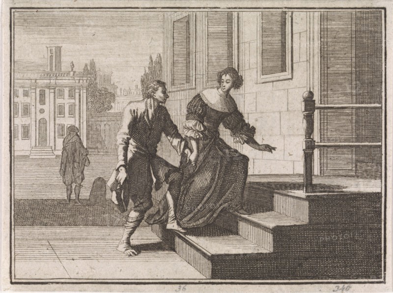 Wealthy woman leading a beggar up the doorstep of her home, Caspar Luyken, Christoph Weigel, 1704