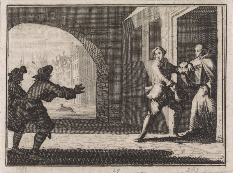 Two men trying to prevent a boy from joining the monastery, Caspar Luyken, Christoph Weigel, 1704