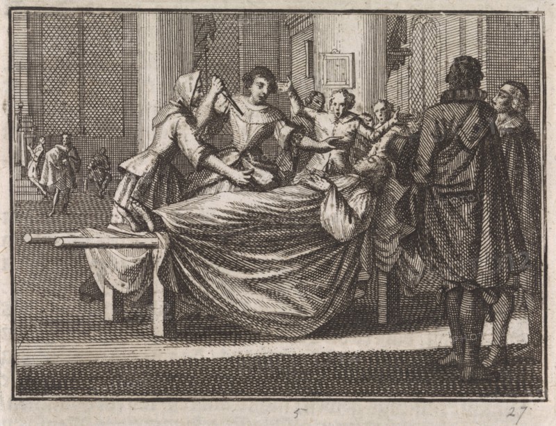 Mistress of a dead man stabs himself with a dagger, Caspar Luyken, Christoph Weigel, 1704