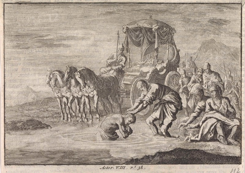 Baptism of the Eunuch by the apostle Philip, Jan Luyken, Pieter Mortier, 1703-1762