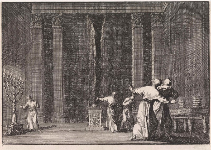 Rupture of the veil in the temple of Jerusalem, Jan Luyken, Pieter Mortier, 1703