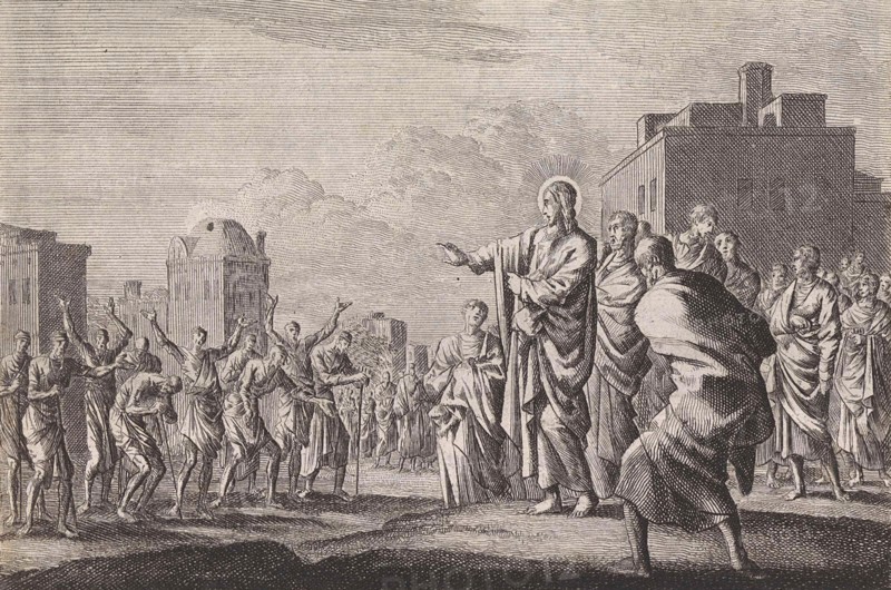 Christ and the ten lepers, Jan Luyken, Pieter Mortier, 1703 - 1762