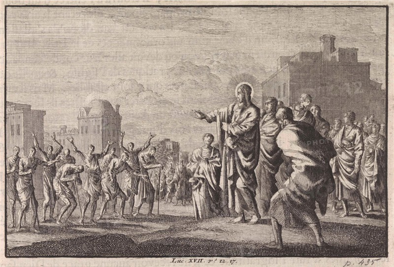 Christ and the ten lepers, Jan Luyken, Pieter Mortier, 1703 - 1762