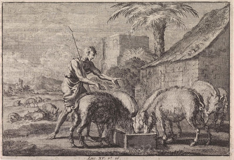 Prodigal Son as a swineherd, Jan Luyken, Pieter Mortier, 1703 - 1762