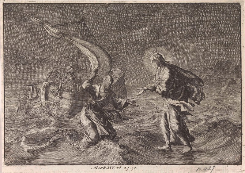 Christ walking on water during a storm on the Sea of Galilee, Jan Luyken, Pieter Mortier, 1703 - 1762