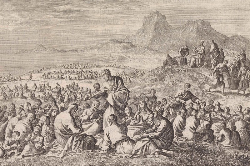 Miraculous multiplication of the seven loaves and the two fishes, Jan Luyken, Pieter Mortier, 1703 - 1762