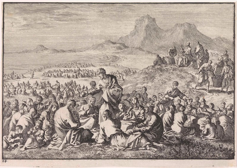 Miraculous multiplication of the seven loaves and the two fishes, Jan Luyken, Pieter Mortier, 1703
