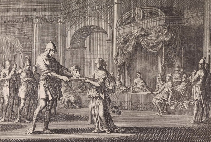 Salome receives the head of John the Baptist, Jan Luyken, Pieter Mortier, 1703 - 1762