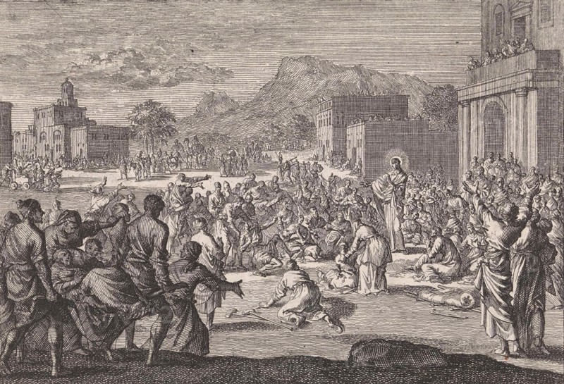 Christ speaks to a crowd on a square, Jan Luyken, Pieter Mortier, 1703 - 1762