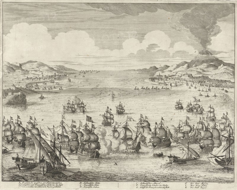 Naval battle at Agosta, 1676, Jan Luyken, weduwe Joannes van Someren, Hendrick and Dirk Boom, 1680