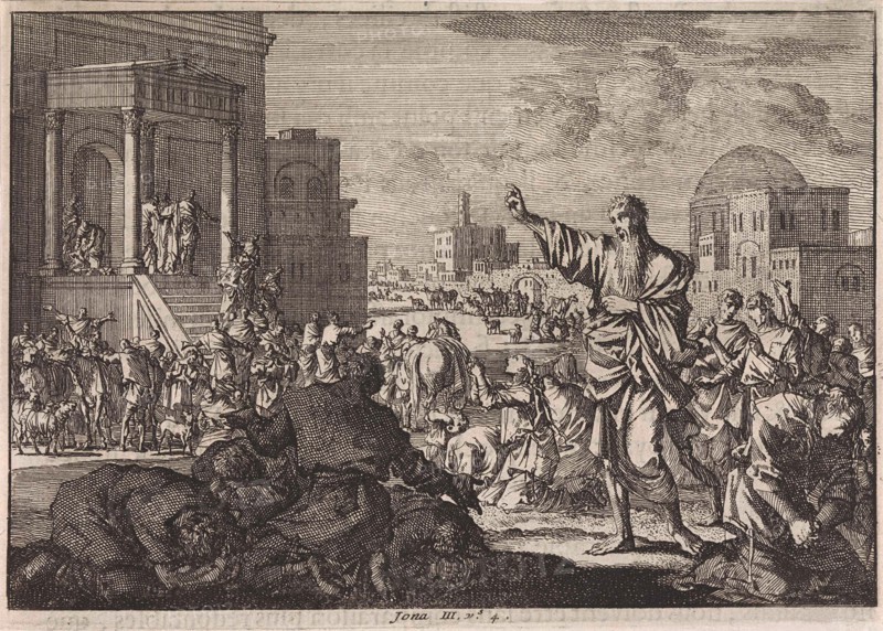 Jonah predicts the downfall of Nineveh, Jan Luyken, Pieter Mortier, 1703 - 1762