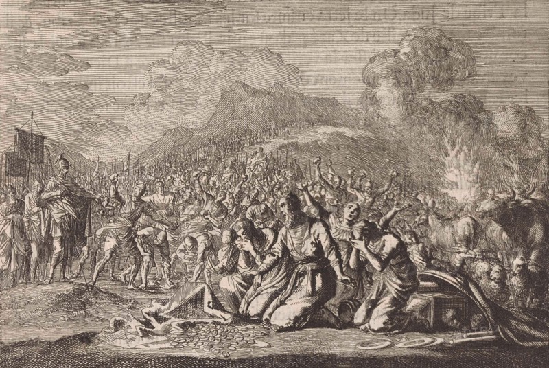 Stoning of Achan and his family, Jan Luyken, Pieter Mortier, 1703 - 1762