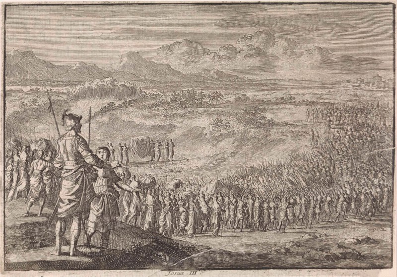 Israelites pass through the dry Jordan, Jan Luyken, Pieter Mortier, 1703 - 1762