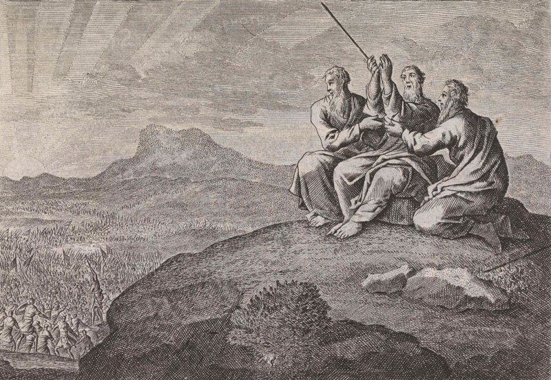 Aaron and Hur strut Moses' hands during the struggle of the people of Israel against the Amalekites, Jan Luyken, Pieter Mortier, 1703 - 1762