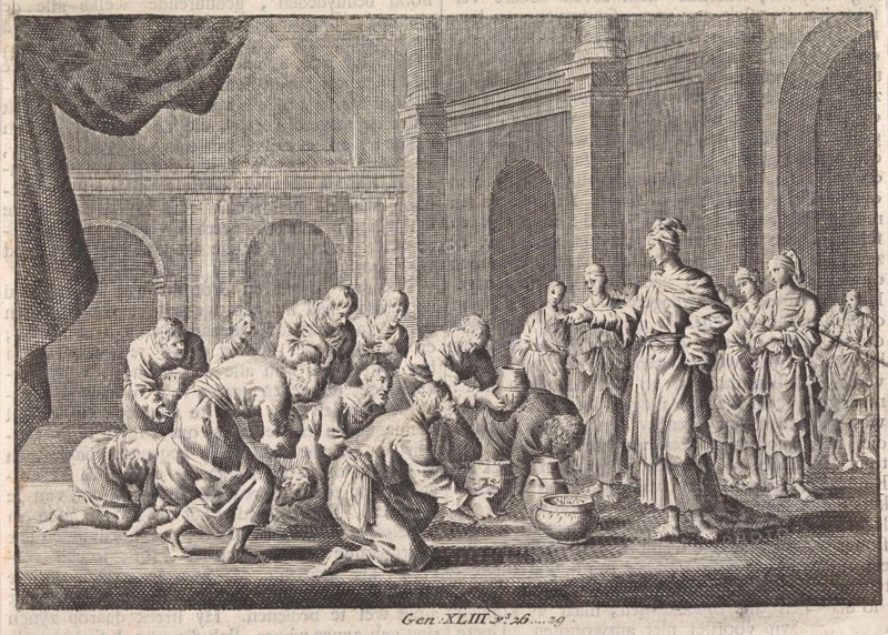 Joseph's brothers kneel before him, Jan Luyken, Pieter Mortier, 1703 - 1762