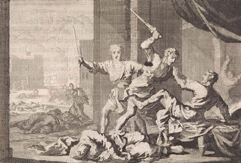 Simeon and Levi kill the Shechemites, Jan Luyken, Pieter Mortier, 1703 - 1762