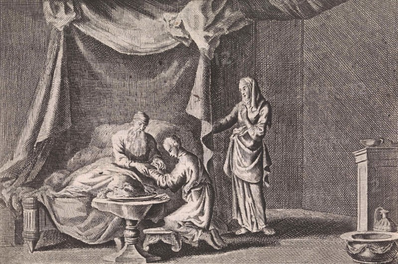Isaac blesses Jacob, Jan Luyken, Pieter Mortier, 1703 - 1762