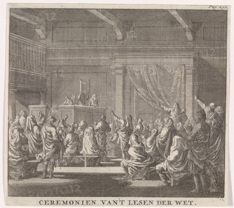 Synagogue where a rabbi reads, print maker: Jan Luyken, Daniel van den Dalen, Hendrik van Damme, 1702