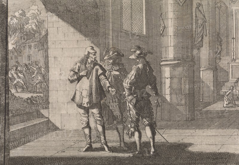 Masaniello talks with two noblemen in a church, 1647, print maker: Caspar Luyken attributed to, Johann David Zunnern, 1701