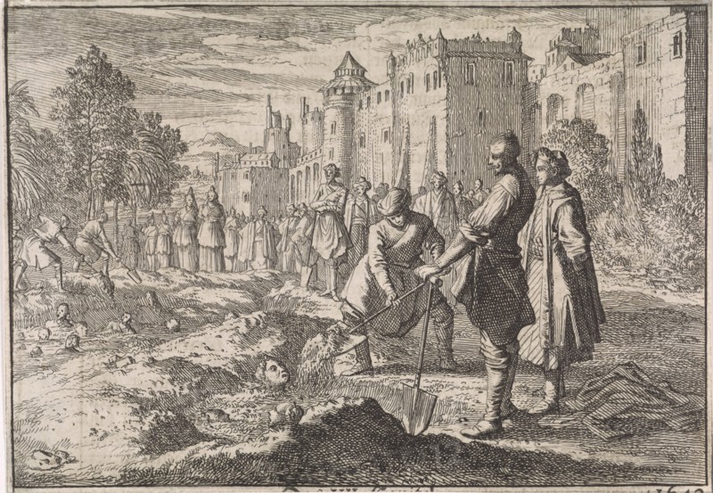 Safi, the Shah of Persia, buries forty of his harem women living in the palace garden as punishment for plotting against his life, 1642. Johann David Zunnern, 1701