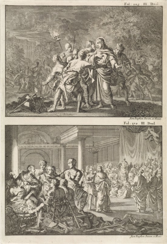 Arrest of Christ and Peter denies Christ, Jan Luyken, Willem Broedelet, 1700