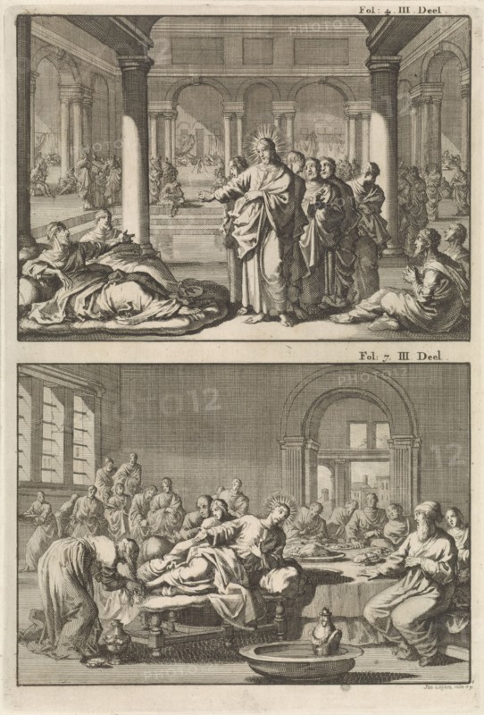 Christ and his disciples at the bathhouse of Siloam and Christ as the guest of Simon the Pharisee, Jan Luyken, Willem Broedelet, 1700