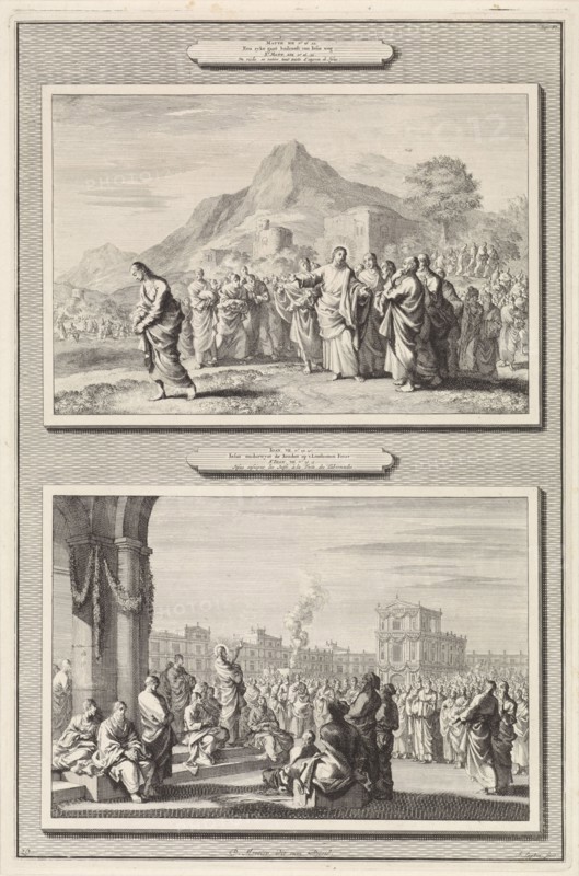 Christ gives advice to a rich young man and the sermon of Christ before the temple, Jan Luyken, Pieter Mortier, Anonymous, 1700